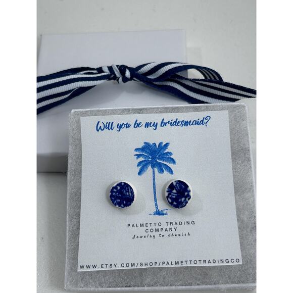 Chinoiserie Blue White Gold Earrings from Broken Fine China Weddings Gift Ribbon - Picture 8 of 8